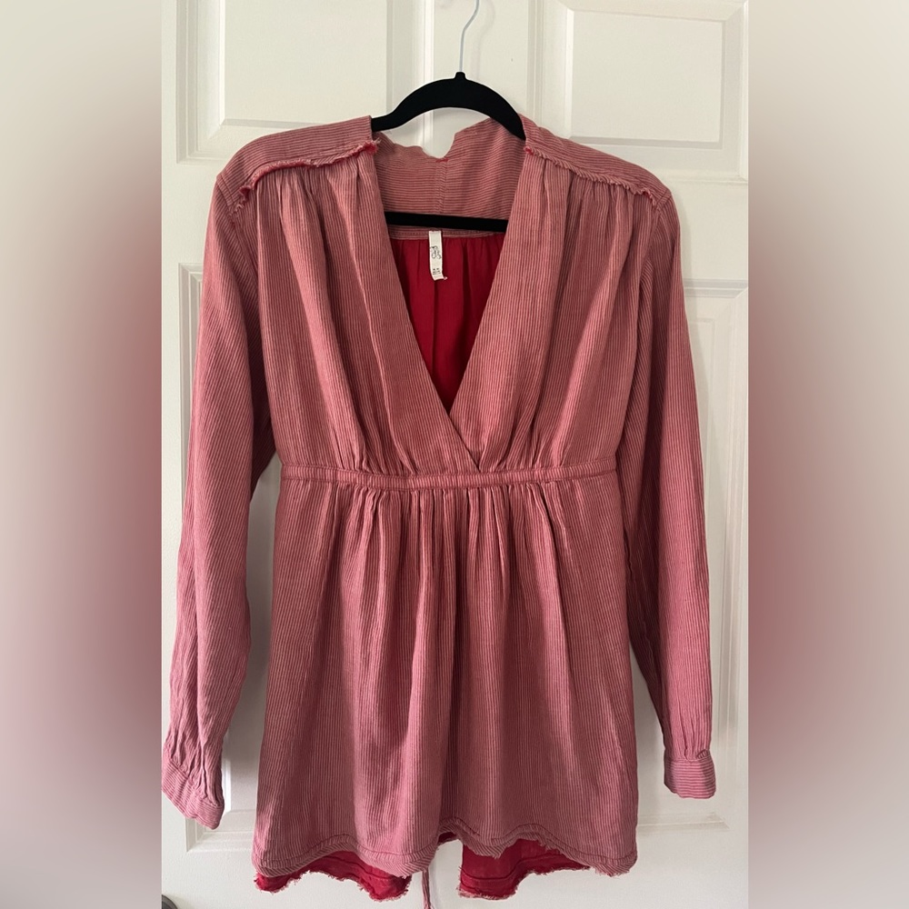 Vintage Rare Free People Long Sleeve Top 100% Cotton Red Tan Stripe Size Medium